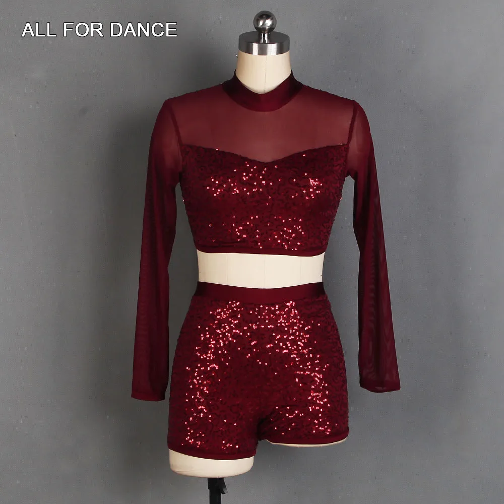 20508 طويلة الأكمام الأبيض الترتر دنة صد أداء زي الباليه تنورة رقص فستان غنائي ومعاصر 5 ألوان