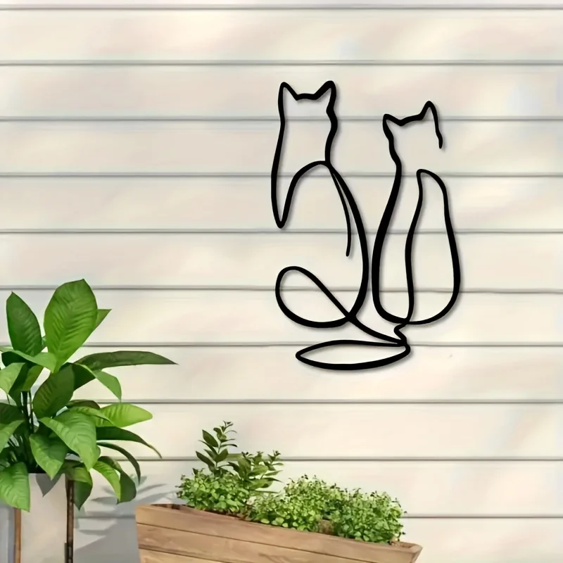 Retro Minimalist Metal Cat Wall Art - Geometric Two-Cat Line Drawing, Animal Mural Suitable for, Room & Modern Decor