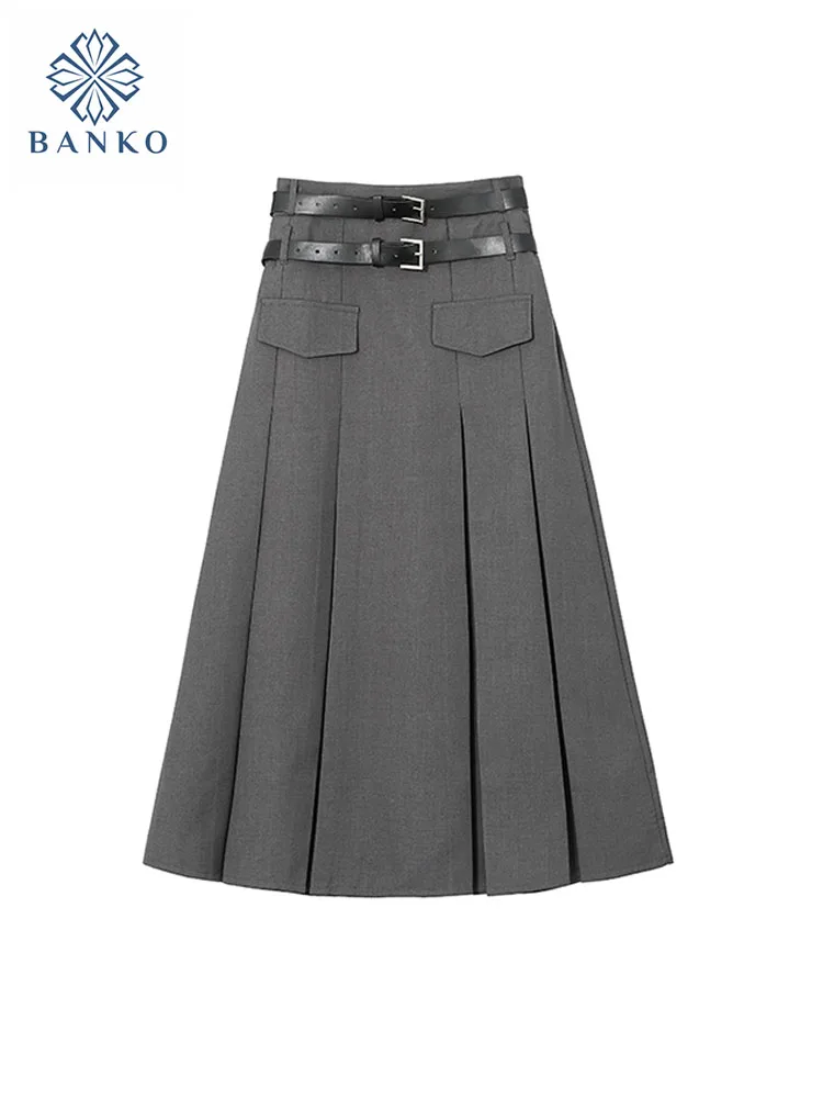 

Fashion Classical New Design Grey High Waist Sashes Pleated Skirt Summer Women Elegant Coquette Slim A-line Skirt Preppy Style