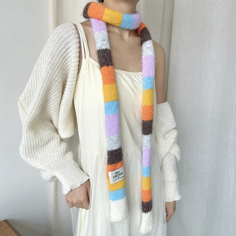 

Rainbow Stripe Knit Small Scarf Niche Design Long Narrow Scarf Women's New Fashion Versatile