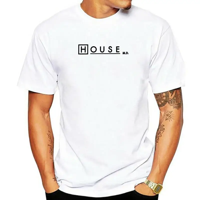 one yona House MD T Shirts for Men Dr House Logo White Tops Short Sleeve Casual T-Shirt Round Neck Pure Cotton Tees