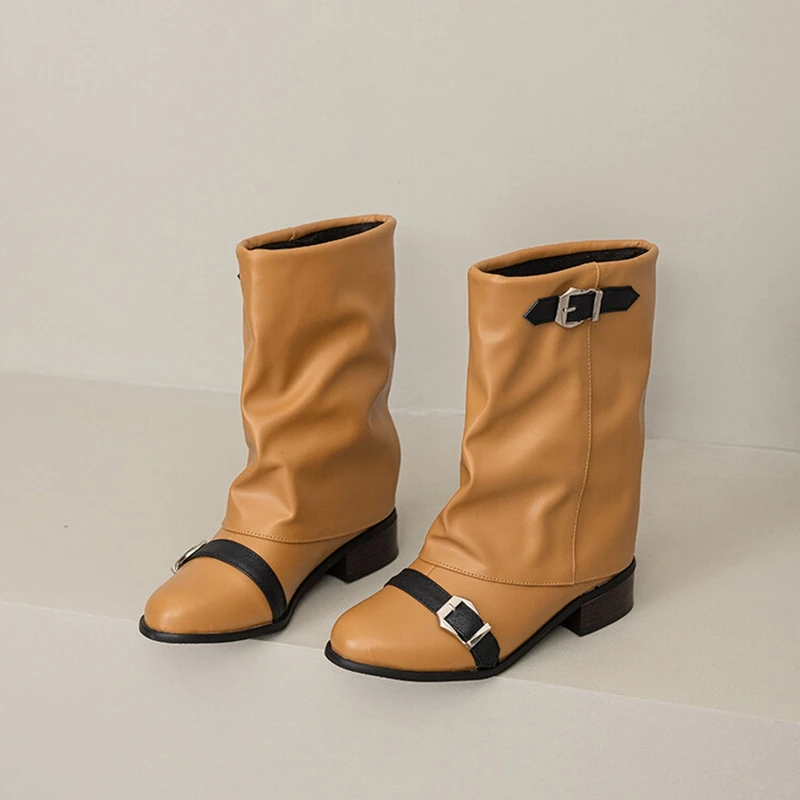 

SIMLOVEYO 2024, женские ботинки до середины икры, каблук 3,5 см, широкий носок, пряжки с круглым носком, черный абрикосовый, большой размер 43 44 45 46 47