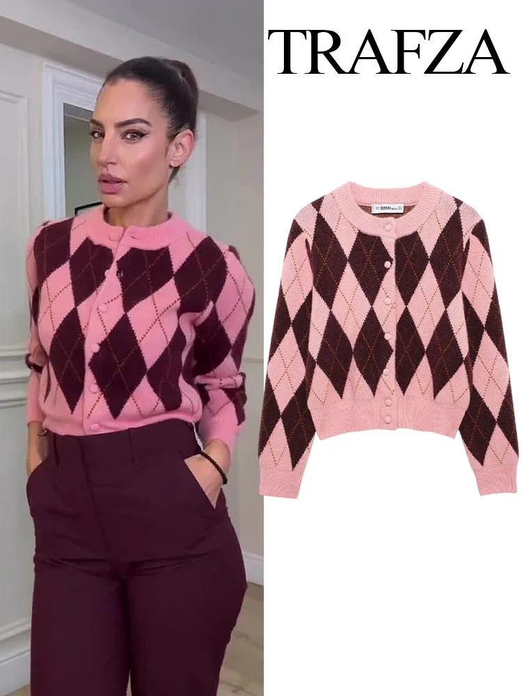 

TRAFZA Women's Spring Casual Knitting Tops Pink O-Neck Long Sleeve Single Breasted Cardigans Women Fashion Sweaters Coats