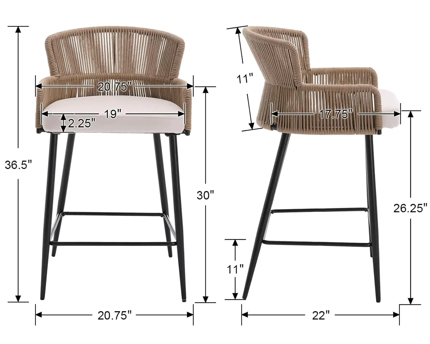 Farmhouse Woven Bar Stools Set of 3, 26 Inch Linen Upholstered Rattan Barstools with Curved Backs, Modern Cane, Customized