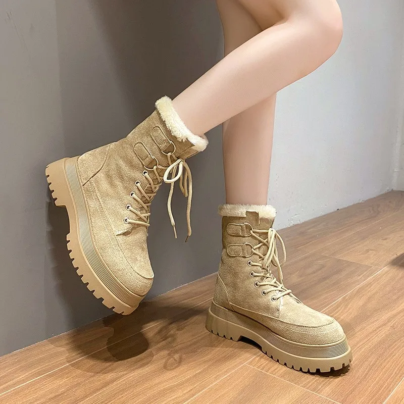 Solid Color Thick Soled Women Boots 2022 New Fashion Warm Snow Boots Women Trend Lace Up Gothic Boots Women  Platform Shoes