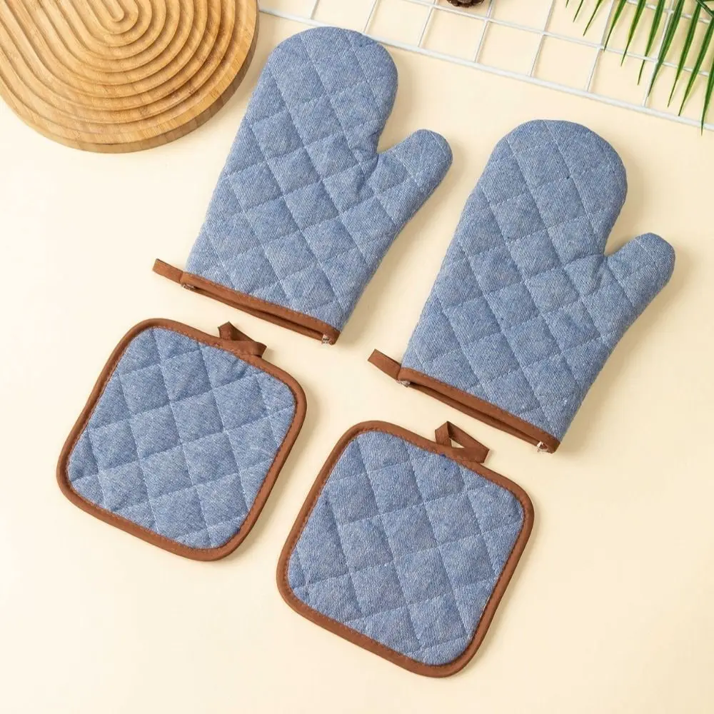 2 pcs Anti Scald Oven Gloves Heat-Resistant Thickened Microwave Mitten Non-slip Cotton Lining Baking Oven Mitts Cooking