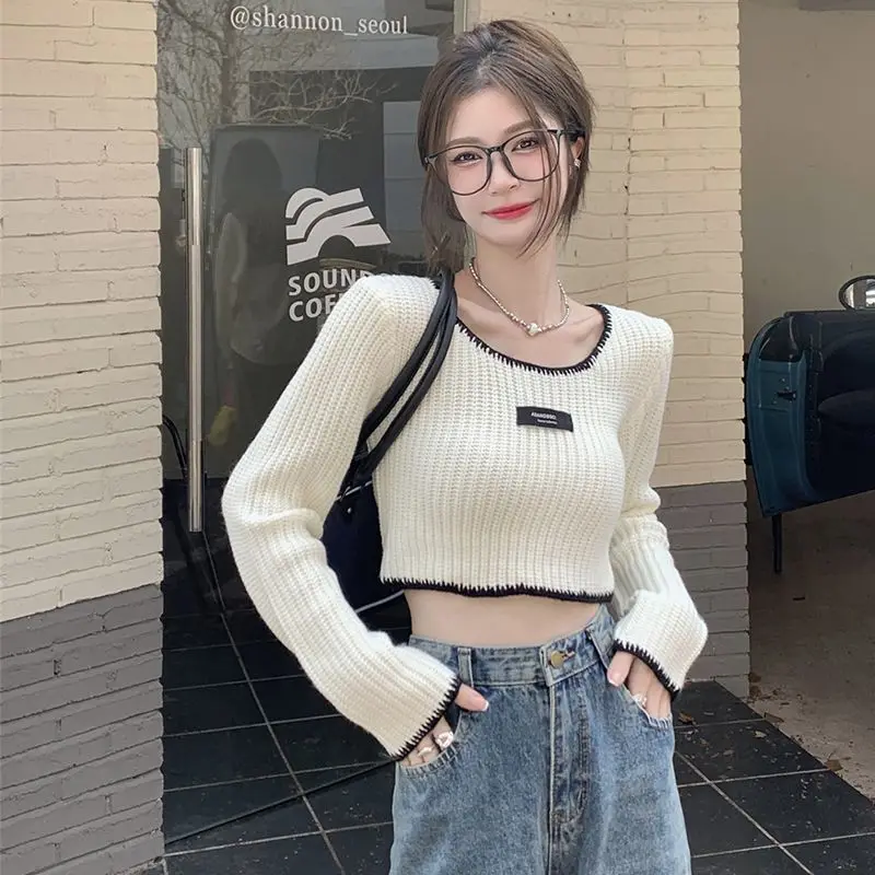 

2023 Fashion Women T-shirt White O-neck Long Sleeve Knitwear Women Fall New Short Slim Pullover Sweater Y2k Tops Female