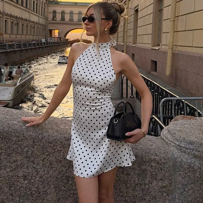 

Tornova Polka Dot Halter Sleeveless Dress For Women Sexy Backless Fashion Mini Dress Elegant Slim Fashion Vacation Party Clothes