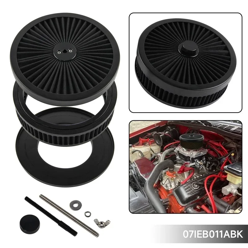 Air Filter Assembly Kit 9''X2'' Full Flow Round Washable &Resuable Air Cleaner for 4 Barrel Carburetor V8 Chevy Fοrd Black