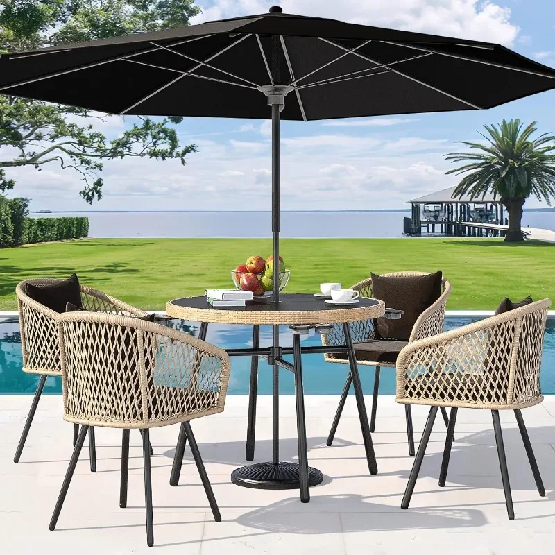 5-Piece Outdoor Dining Set with Umbralle Hole, Rattan Patio Dinging Set for 4 with Cup Holders Soft Cushions