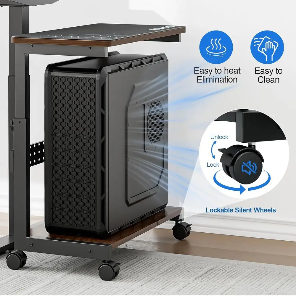 Walnut 2-Tier Adjustable Computer Stand with Mouse Pad and Headphone Holder, Desk-Mounted PC Cart for Home Office and Gaming