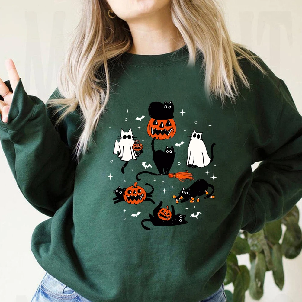 Cute Halloween Ghost Boo Cat Sweatshirt Halloween Cat Shirt Halloween Pumpkin Cat Sweater Autumn Long Sleeves Sweatshirt