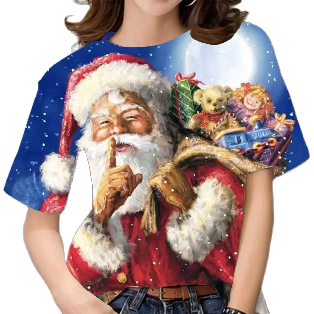 2024 Women Christmas T Shirt 3d Crew Neck Girls Short Sleeve Tops Korea Fashion Ladies Xmas T-shirts Oversized Womens Clothing