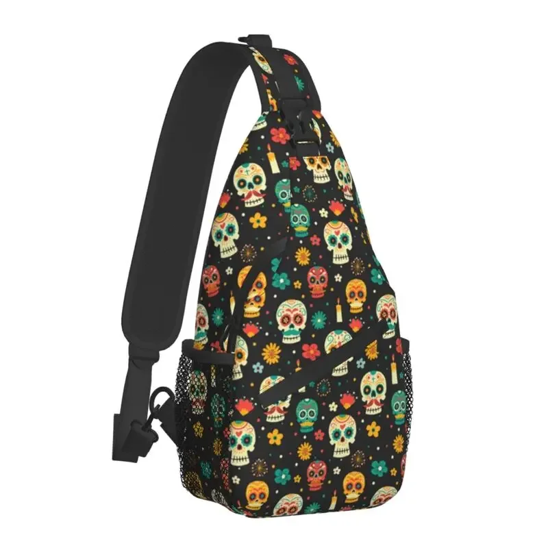 Mexican Flower Sugar Skull Sling Chest Bag Day Of The Dead Shoulder Crossbody Backpack for Men Cycling Camping Daypack