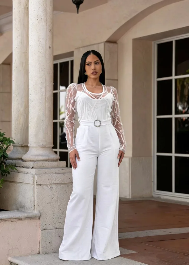 

Новый женский комбинезон KEXU с вышивкой, сетчатыми вставками, утягивающий, сексуальный, с широкими штанинами и поясом