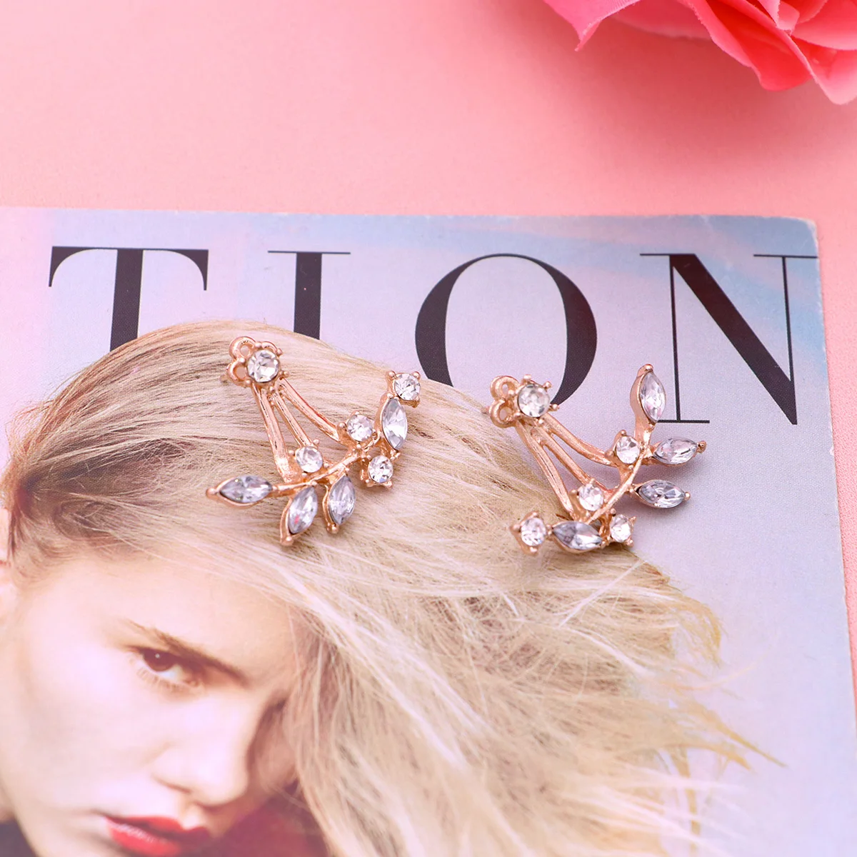 

Rhinestone Earrings Stud Double Sided Rhinestones Women Front and Back Golden Miss