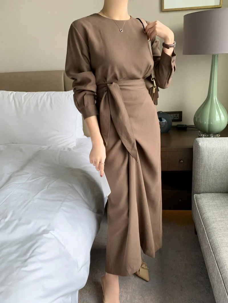 Bandage Tuinc Vestidos Mujer 2024 Woman Dress Korean Chic High Waist Vestido Elegant Spring Autumn Dresses New O-neck Robes