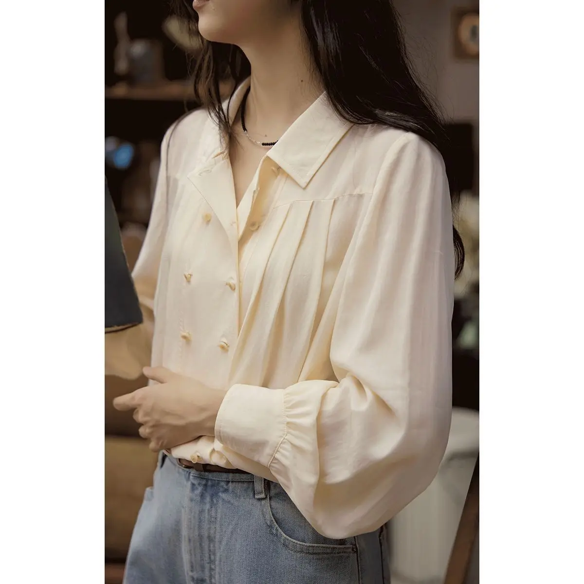 الفرنسية الرجعية مزدوجة الصدر فانوس كم قميص المرأة الجديدة برتقالي أحمر التنقل الخارجي كم طويل الأعلى #4