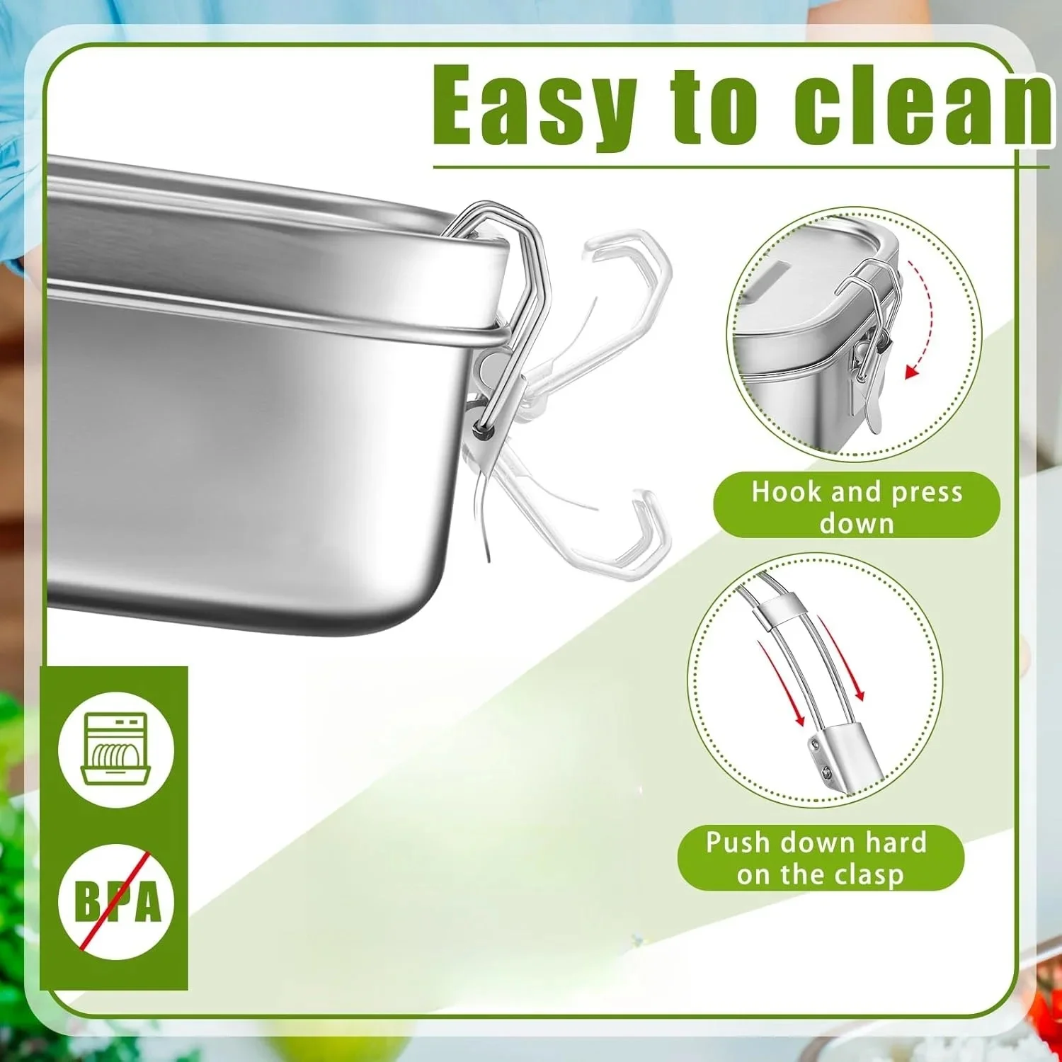Edelstahl-Lunchbox für Kinder und Erwachsene, tragbare, auslaufsichere Bento-Box, Behälter für die Zubereitung von Speisen und Mahlzeiten, spülmaschinenfest – Detail 2