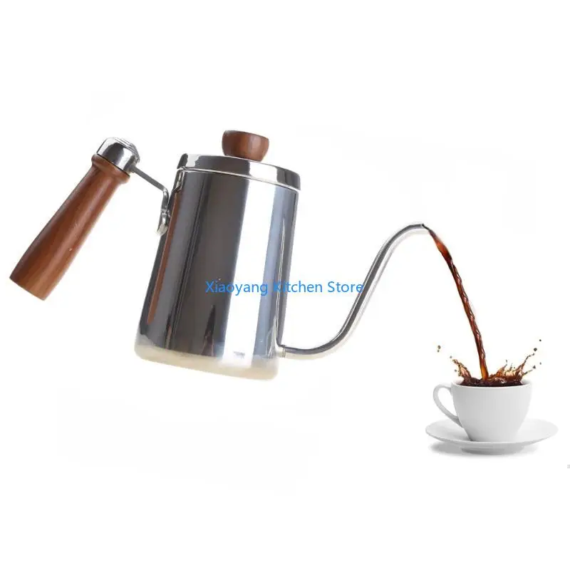 

69HC 300/600ml Stainless Steel Coffee Kettle Gooseneck Spout Thin Mouth Retro Tea Pot with Scale Wooden Handle