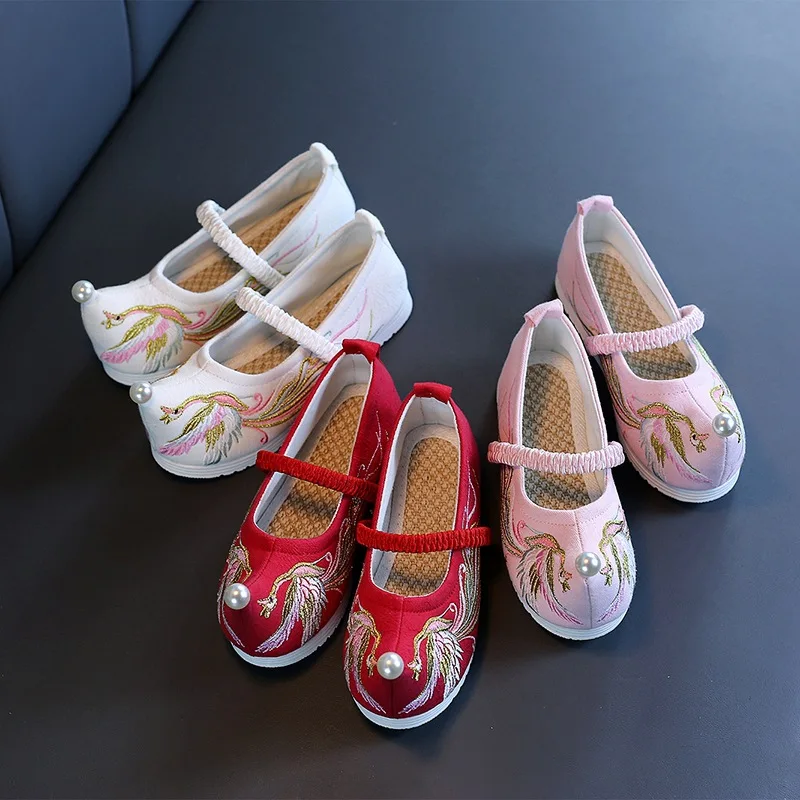 Hanfu – chaussures de danse en coton pour bébés filles, plates et Vintage avec broderie d\'oiseaux, chaussures de scène en tissu pour enfants