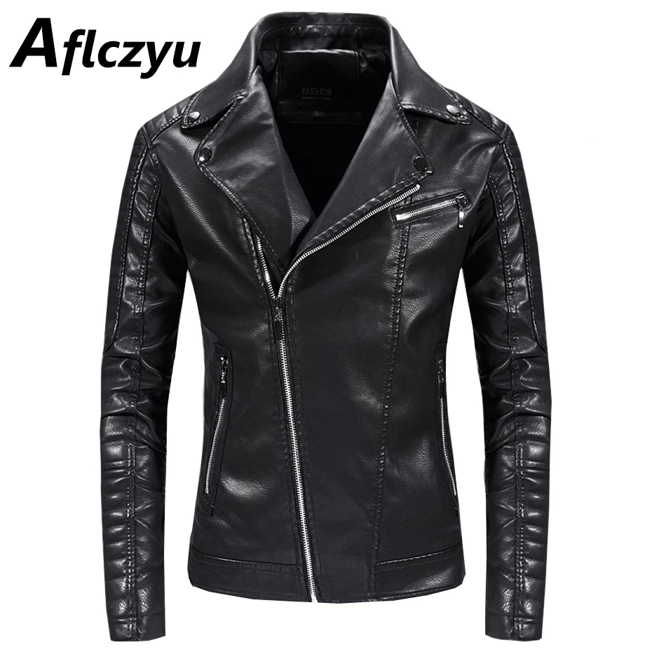 PU Jacket Men Motorcycle Biker Jackets Casual Fashion PU Coat Male Diagonal Zipper Turndown Collar Coat Outerwear