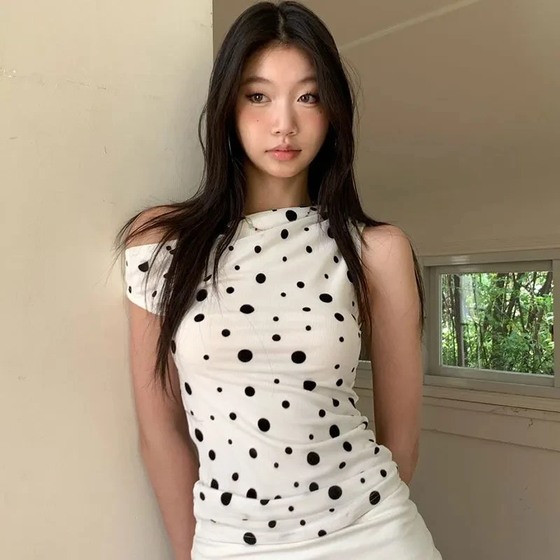

Polka Dot Short Sleeve T-shirt Women 2025 Summer Off Shoulder Slim Ift Waist Versatile Crop Top Sexy Y2k Aesthetic Tees