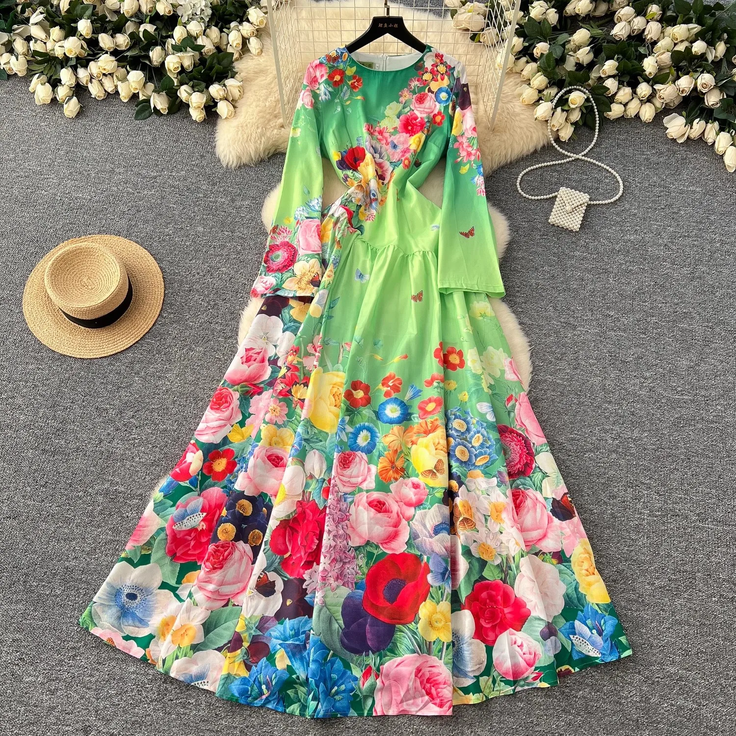 

2025 Spring Summer Gorgeous Flower Holiday Maxi Dress Women's O-Neck Long Sleeve Floral Print A-Line Linen Robe Party Vestidos