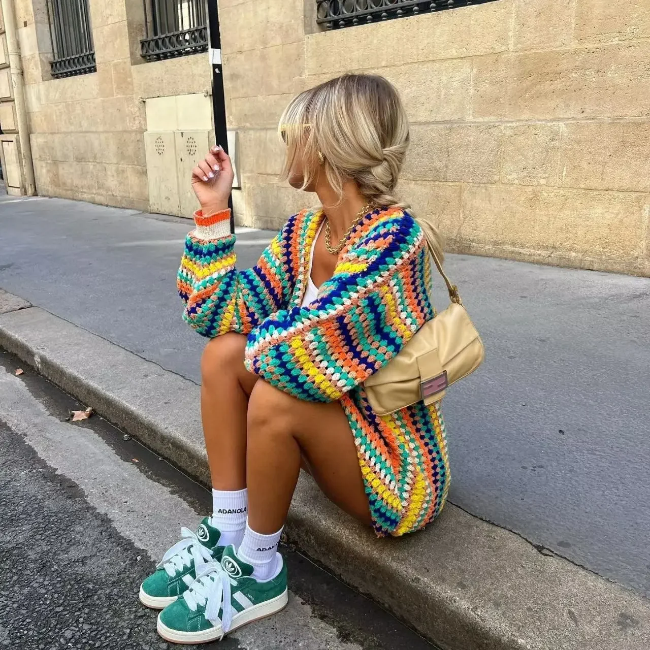 Autumn national wind contrast color hook flower knitted sweater colorful striped knitted loose cardigan sweater