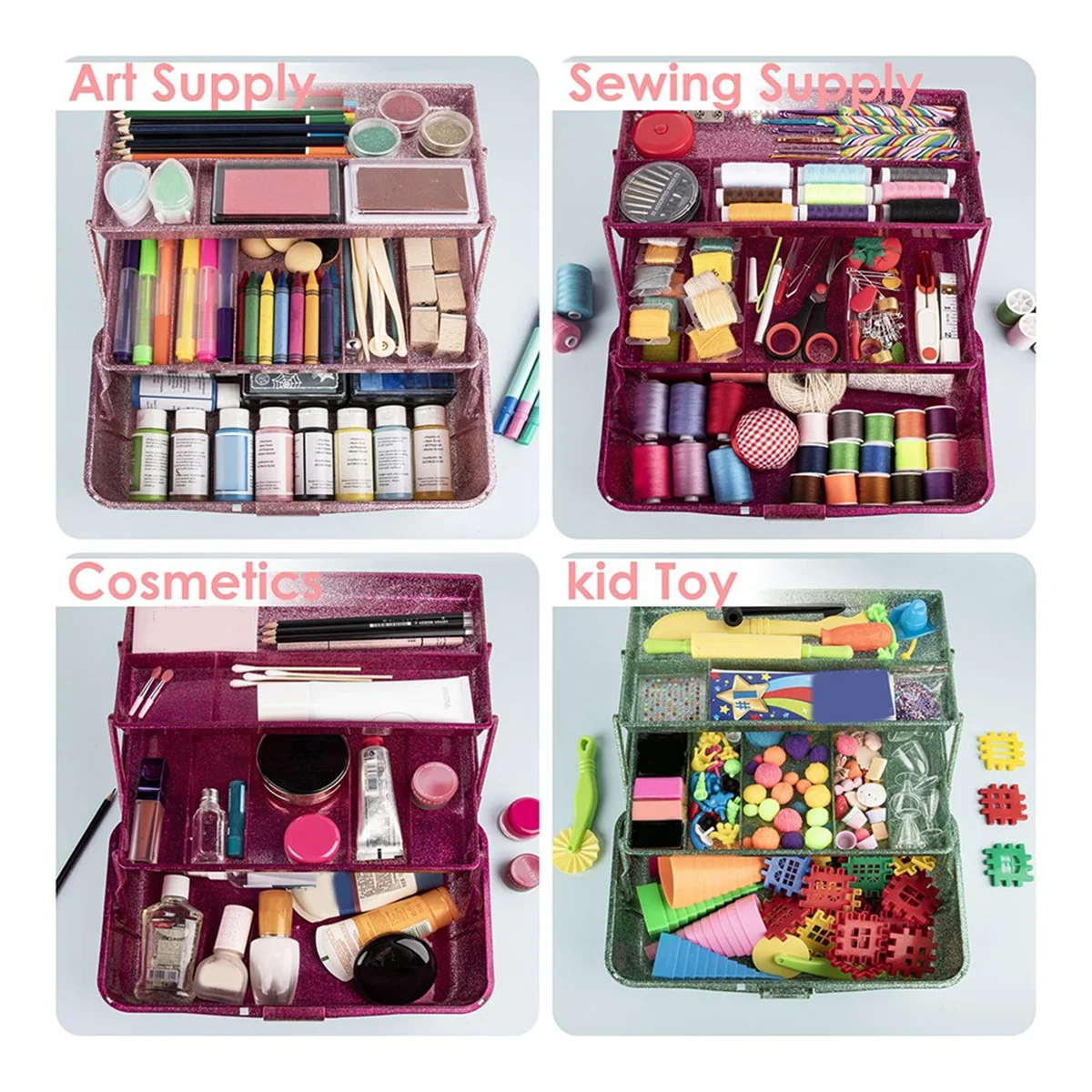 B58AGlitter Pink & Craft Tool Storage Box,3-Layer Stackable Carry Tackle Box Sewing Box Organizer for Art