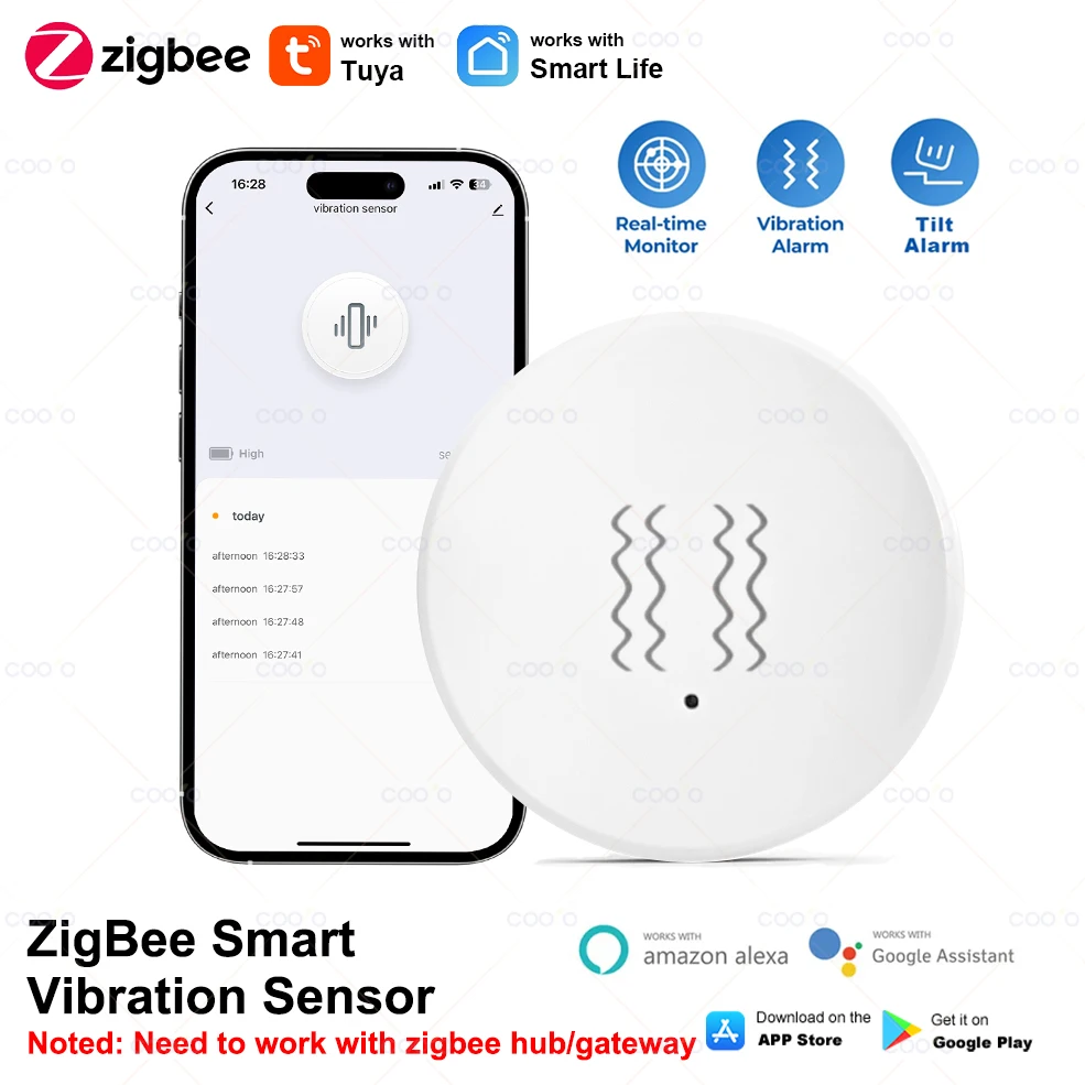 ZigBee Tuya Smart Vibration Sensor Real Time Monitoring Door Window Detection Alarm Smart Home Security Protection System