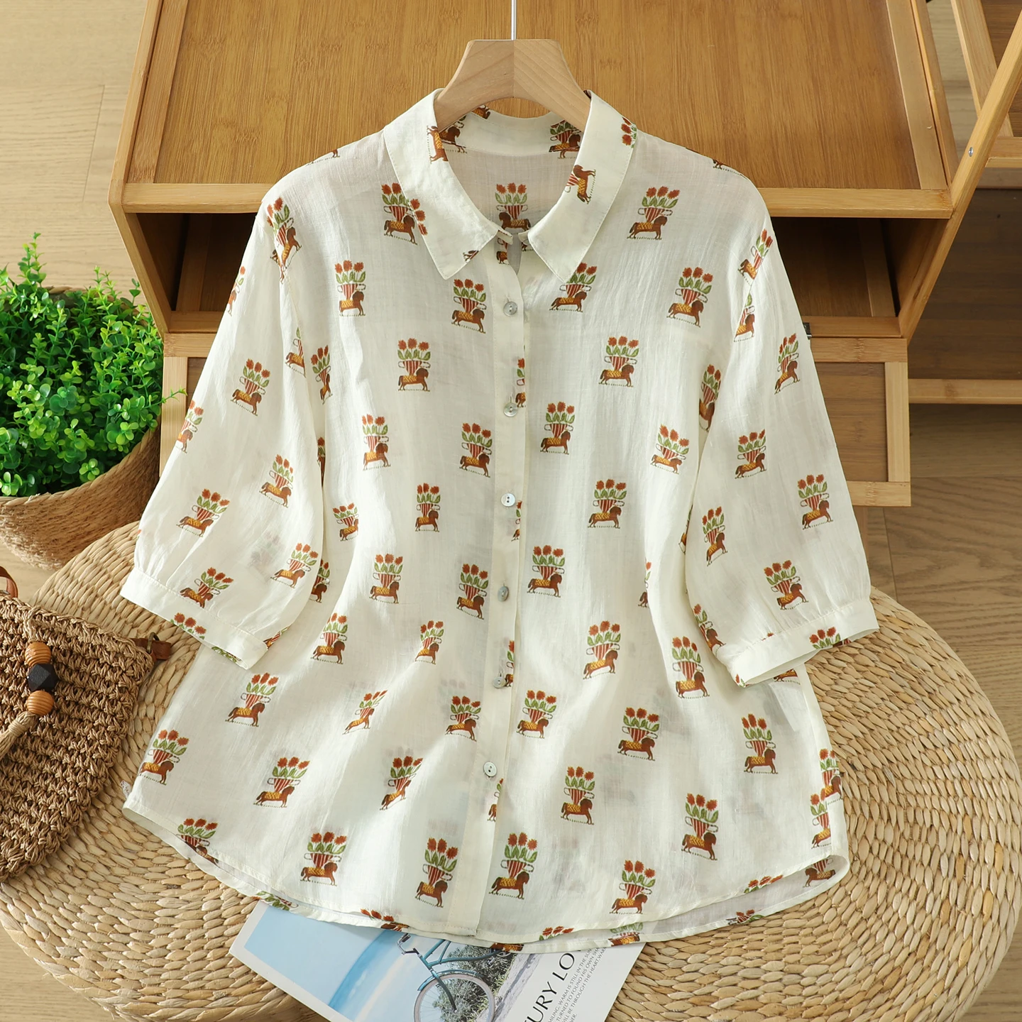 

Summer New Artistic Vintage Floral Print Loose Casual Thin Cotton Short Sleeve Shirt Women's Fashion Plant Floral Design