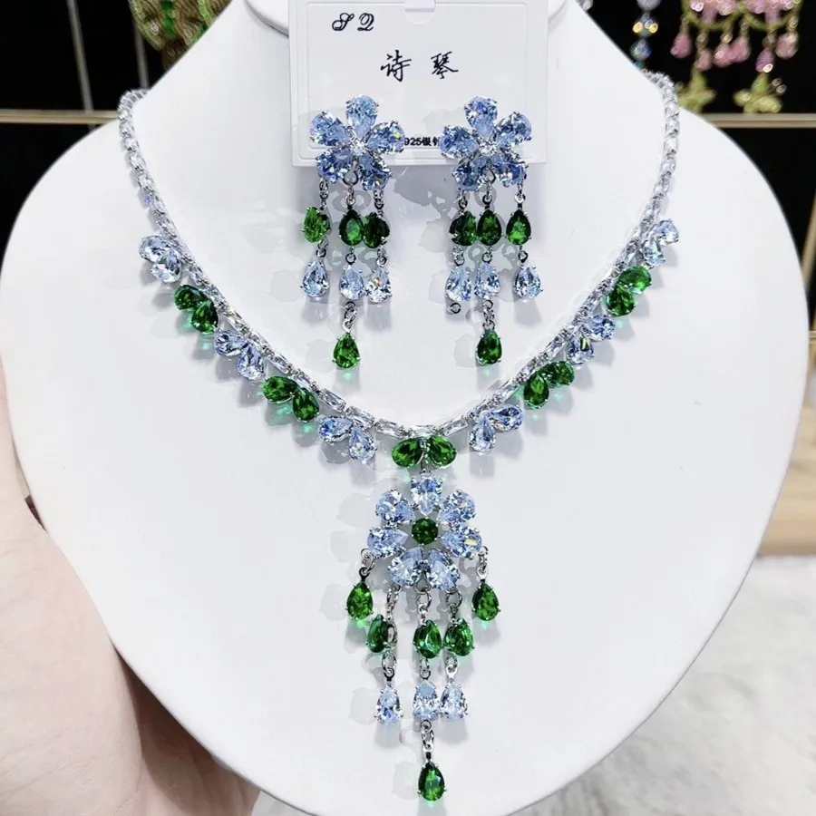 

Luxury Green Flower Jewelry Set for Women Cubic Zirconia Necklace Earrings Sets Bridal Wedding Engagement Party Jewelry Gift
