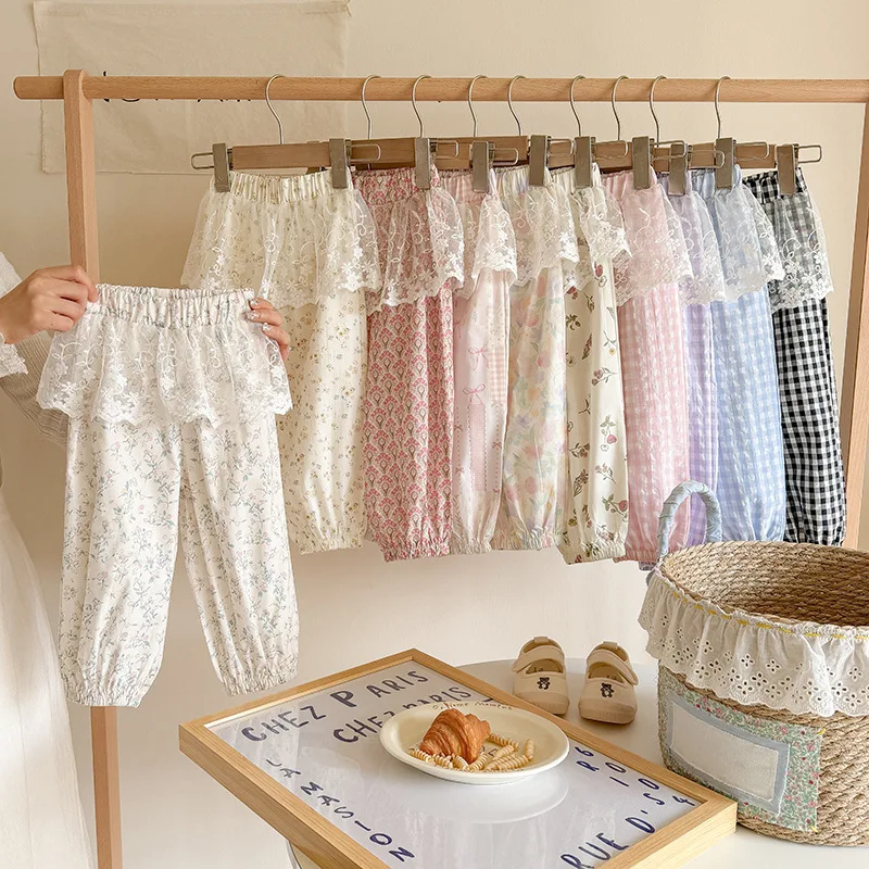 

Summer Baby Girls Stylish Cotton Floral Print Lace Patchwork Pant School Kids Outdoor Trousers Children Outfit Bottoms 1-12 Yrs
