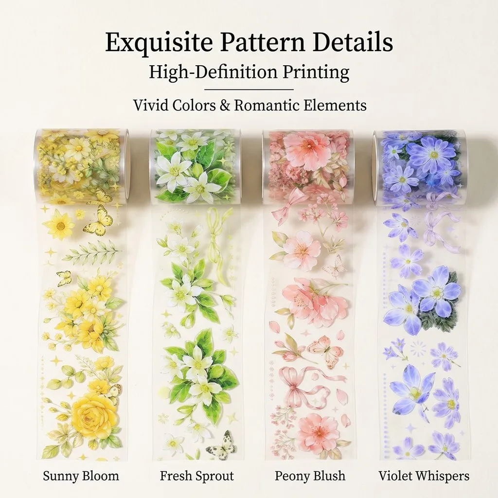 50mm*2m PET Flowers Transparent Tape Stickers for Scrapbooking Junk Journal Supplies Collage Stationery Tapes