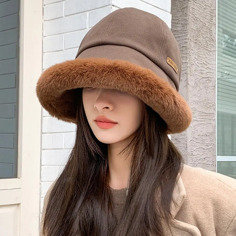 Plush Domed Hat Winter Fisherman Hat Thick Plush Short Brim Windproof Sunshade Stylish Lady Cap for Warmth Fashion Warm