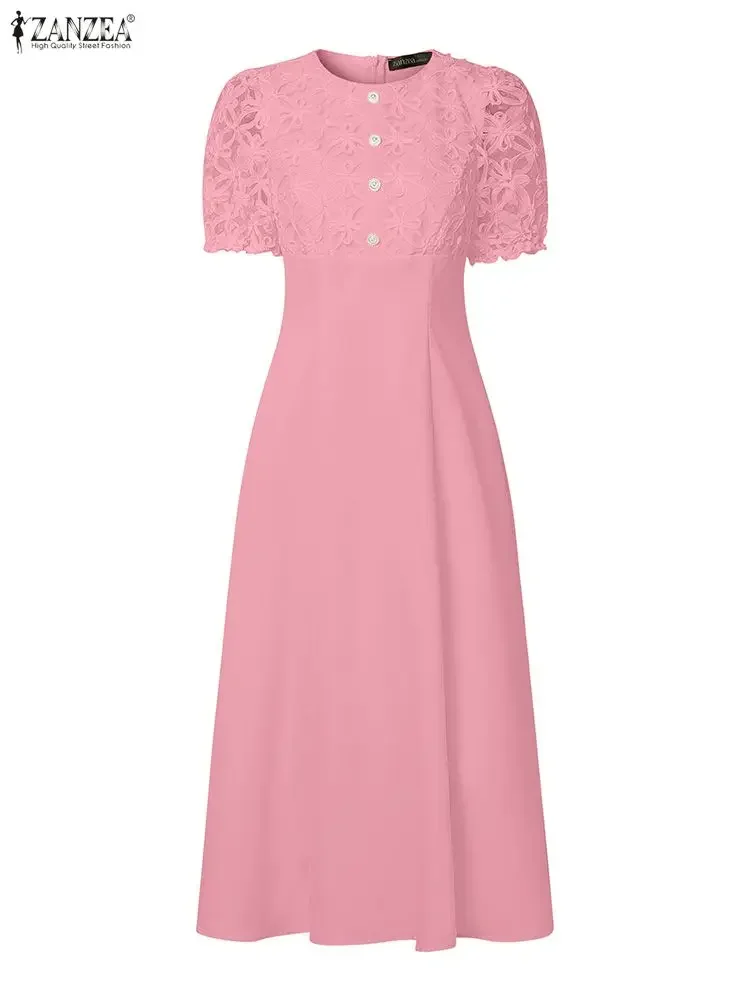 Elegant Party Dress ZANZEA Women Stylish Lace Patchwork Dresses 2026 Summer Short Puff Sleeve Work Sundress High Waist Midi Robe
