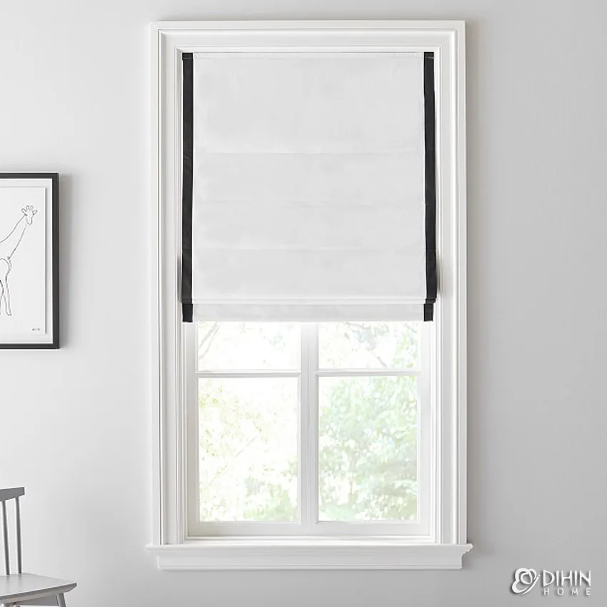 New Arrival Flat Roman Shades White With Black Trims Window Drapes For Living Room Included Mechanism Cut To Sizes