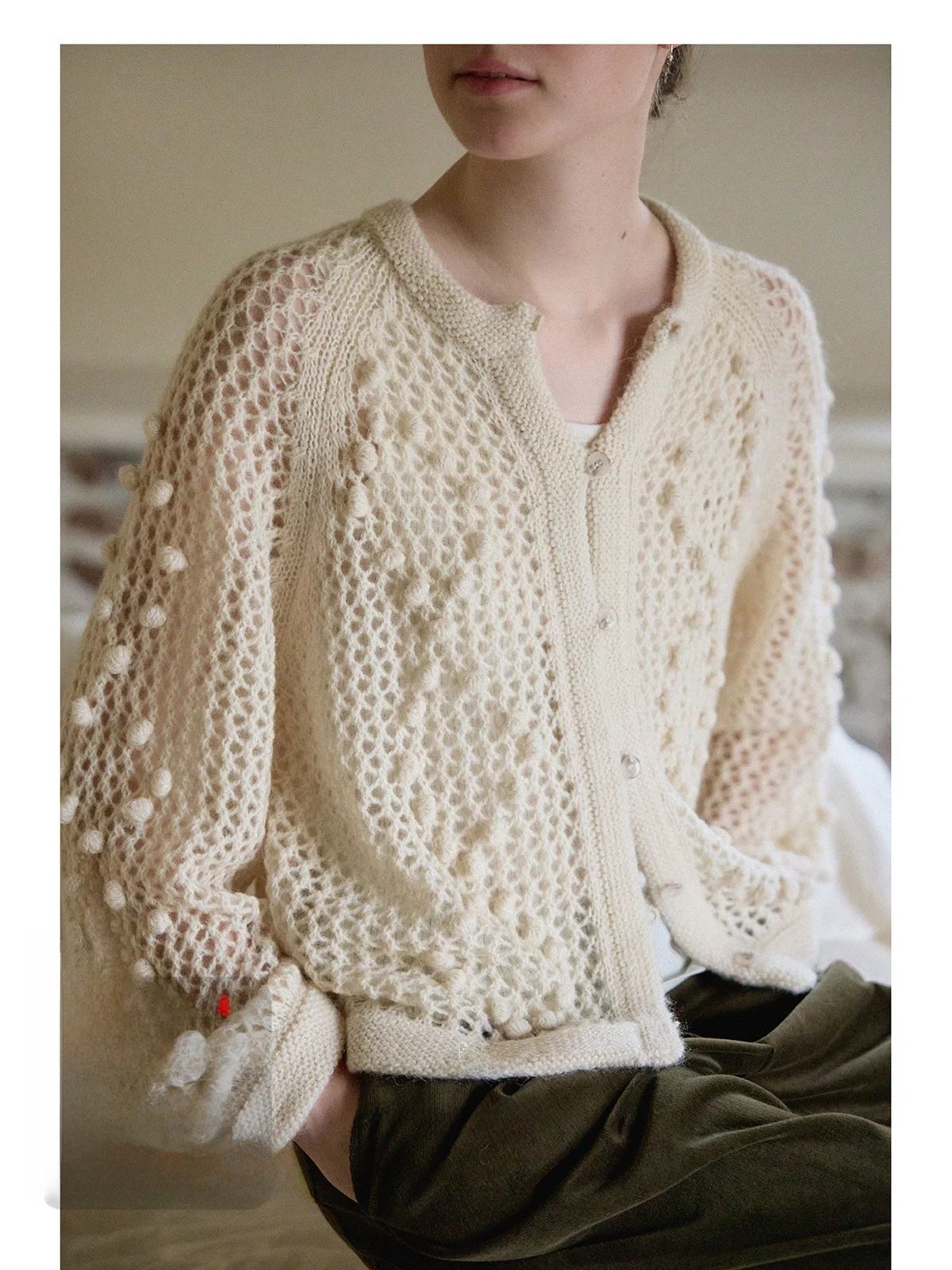 

Nice People 2025AW Heavy-Work Hand-Hooked Long-Sve Sweater Open Cardigan Hollow-Lantern-Sve Casual Sle Women's Knitwear