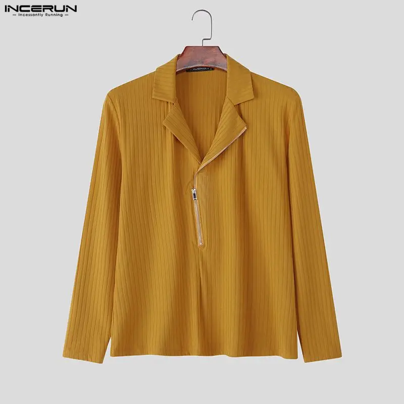

INCERUN Мужская рубашка, однотонная трикотажная рубашка с лацканами и длинными рукавами на молнии, мужская одежда, уличная одежда, модные повседневные топы 2025 года, Camisas S-5XL