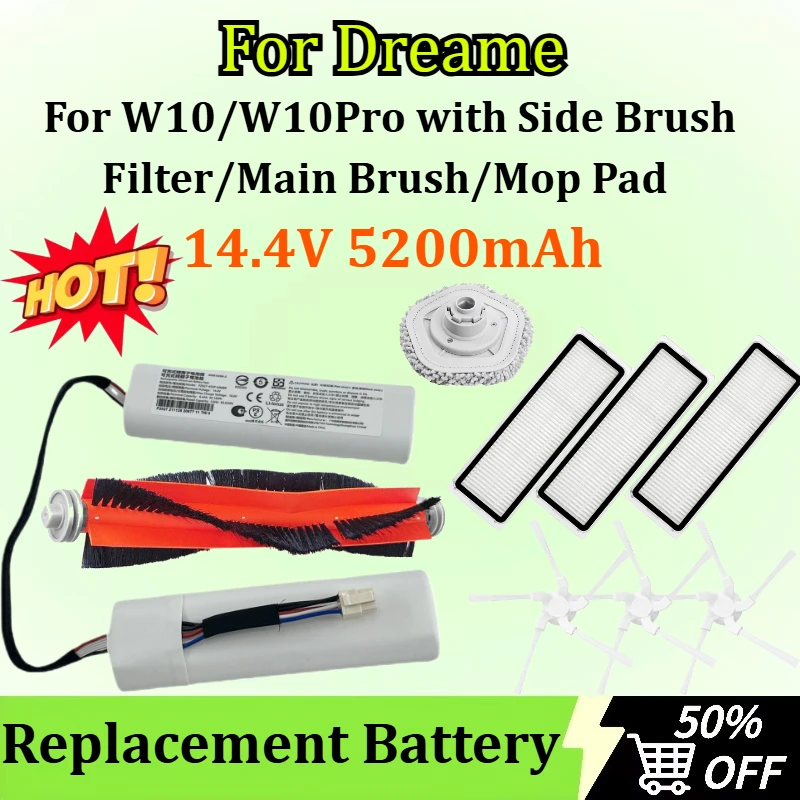 

14.4V 5200mAh Replacement Battery for Dreame W10/W10Pro Robot Vacuum with Side Brush/Filter/Main Brush/Mop Pad Accessories
