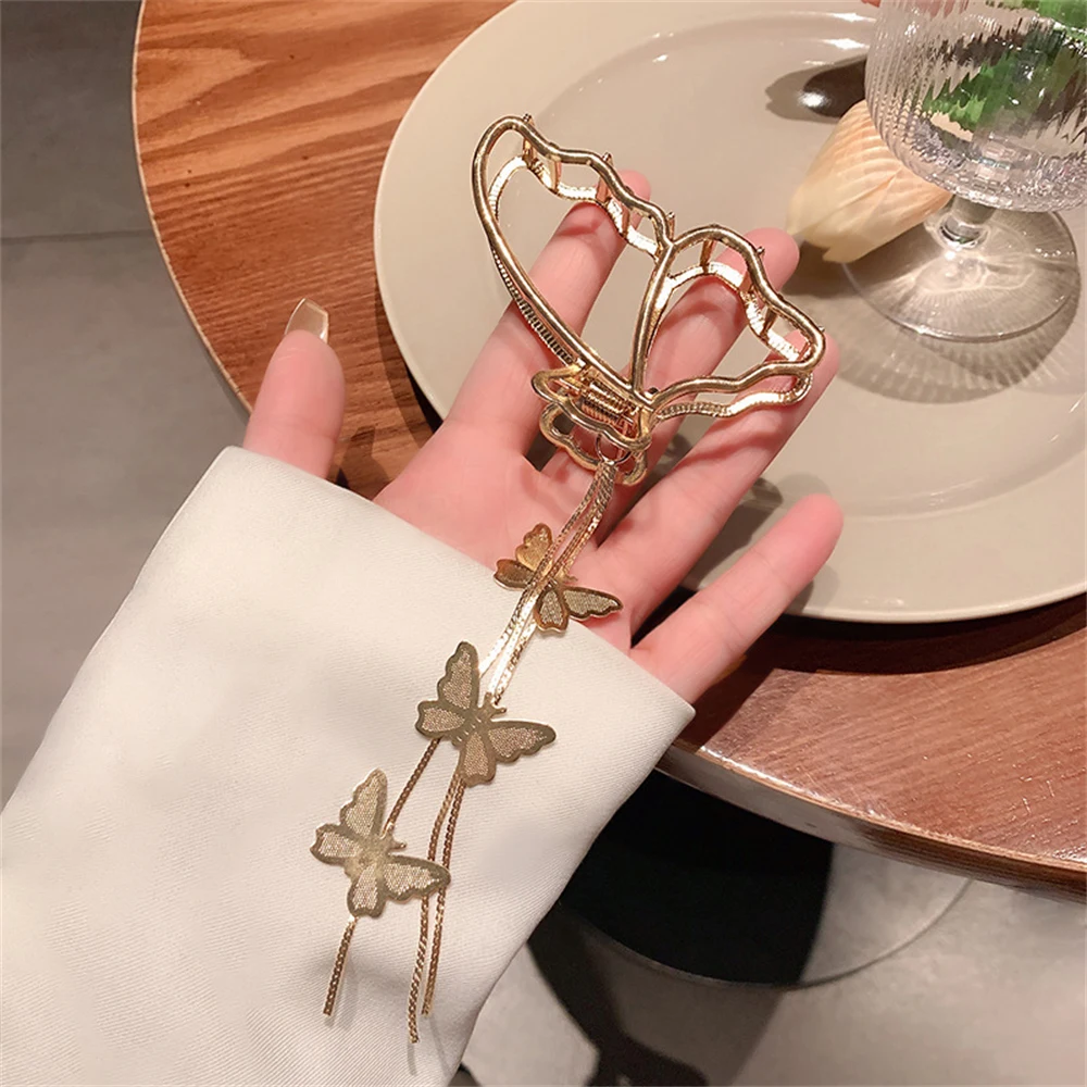 Large Hollow Out Butterfly Metal Hair Claw with Tassel Korean Geometric Gold Color Women Girl Head Wear Hair Accessories Jewelry