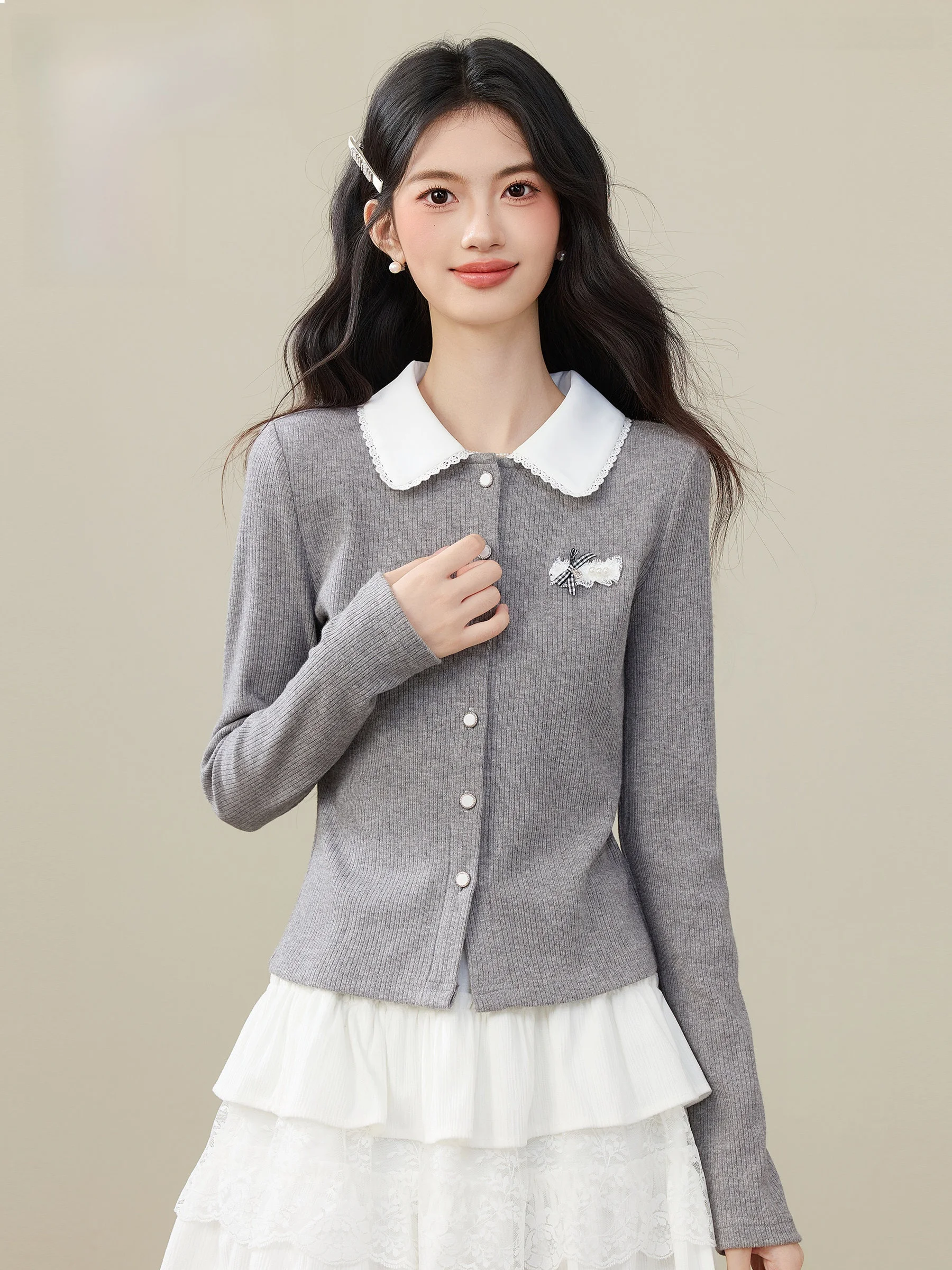 

Retro ey Knitted Sweater Women's Flip Collar Woolen Cardigan Light Weight New Arrival 2025 for ort Girls Open Front Sle