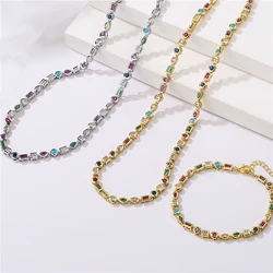 HECHENG,Green Pink White Iced Out Bling Geometric CZ Chain Necklace Bracelet high quality fashion women colorful cz Jewelry Set