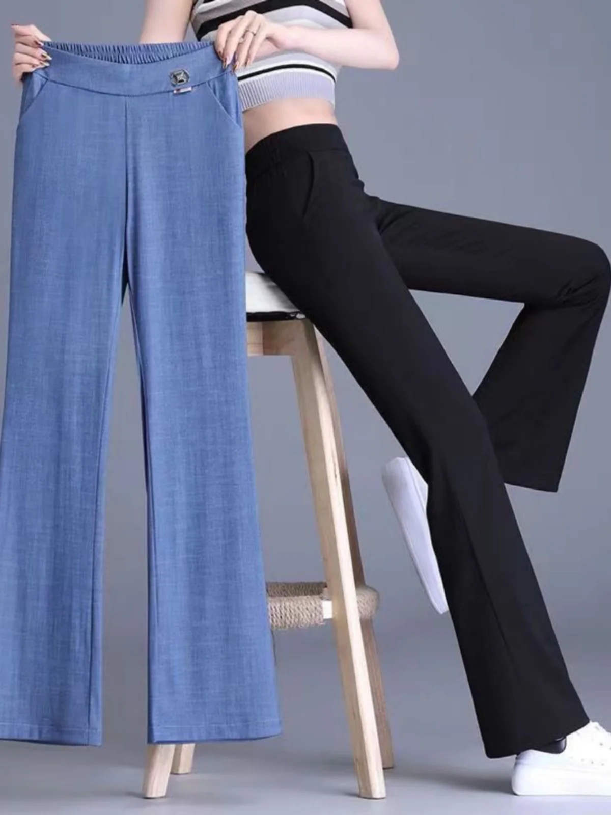 

High Waist Denim Flared Pants Summer Thin Ice Silk Casual Pants Drapey Nine Point Long Pants Women's Loose Fit Trousers