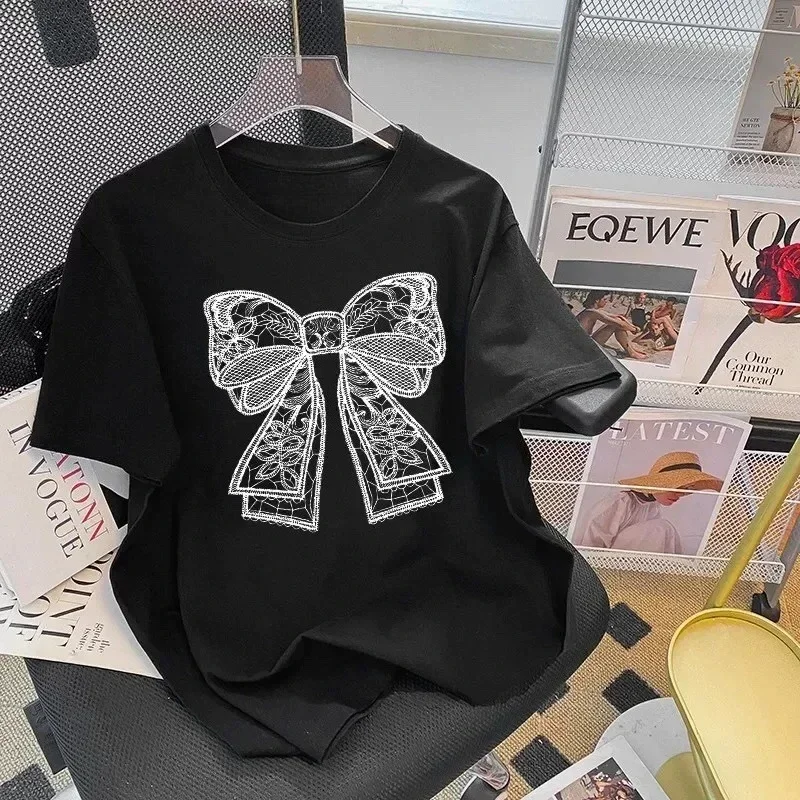 Korean Popular Bows Print T-Shirt Women Summer 2025 New Tee Casual Short Sleeve Y2k Top Elegant Ladies Printing Non-embroidery