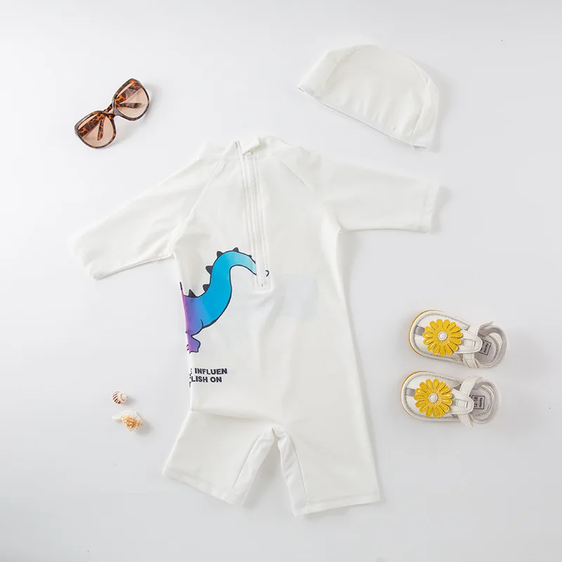 Girls and boys long-sleeved one-piece swimsuit white alligator flower with hat style children's hot spring swimsuit