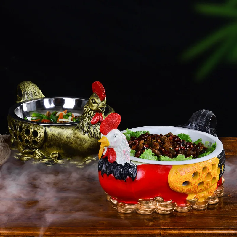 Agritainment Local Restaurant Large Plate of Chicken Fried Chicken Special Plate Creative Heating Rooster Shaping Dry Ice Concep