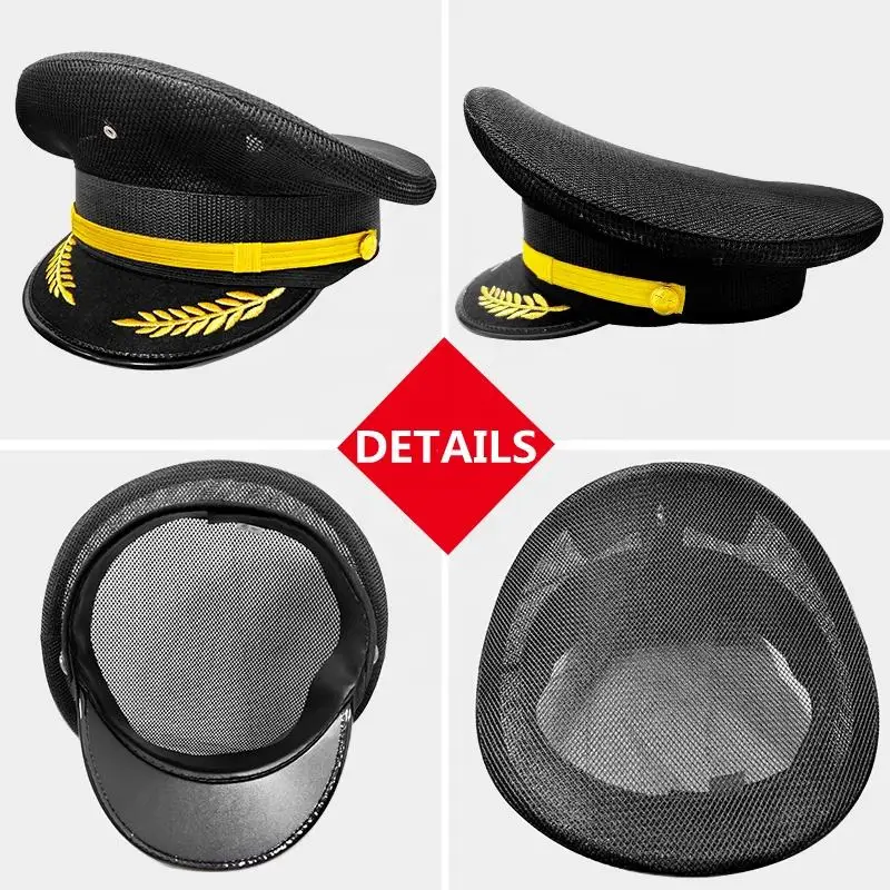 Unisex Summer Officer Mesh Black Security Hat Peaked Cap Protocol Etiquette Hat Breathable Performance Aviation Captain Headgear