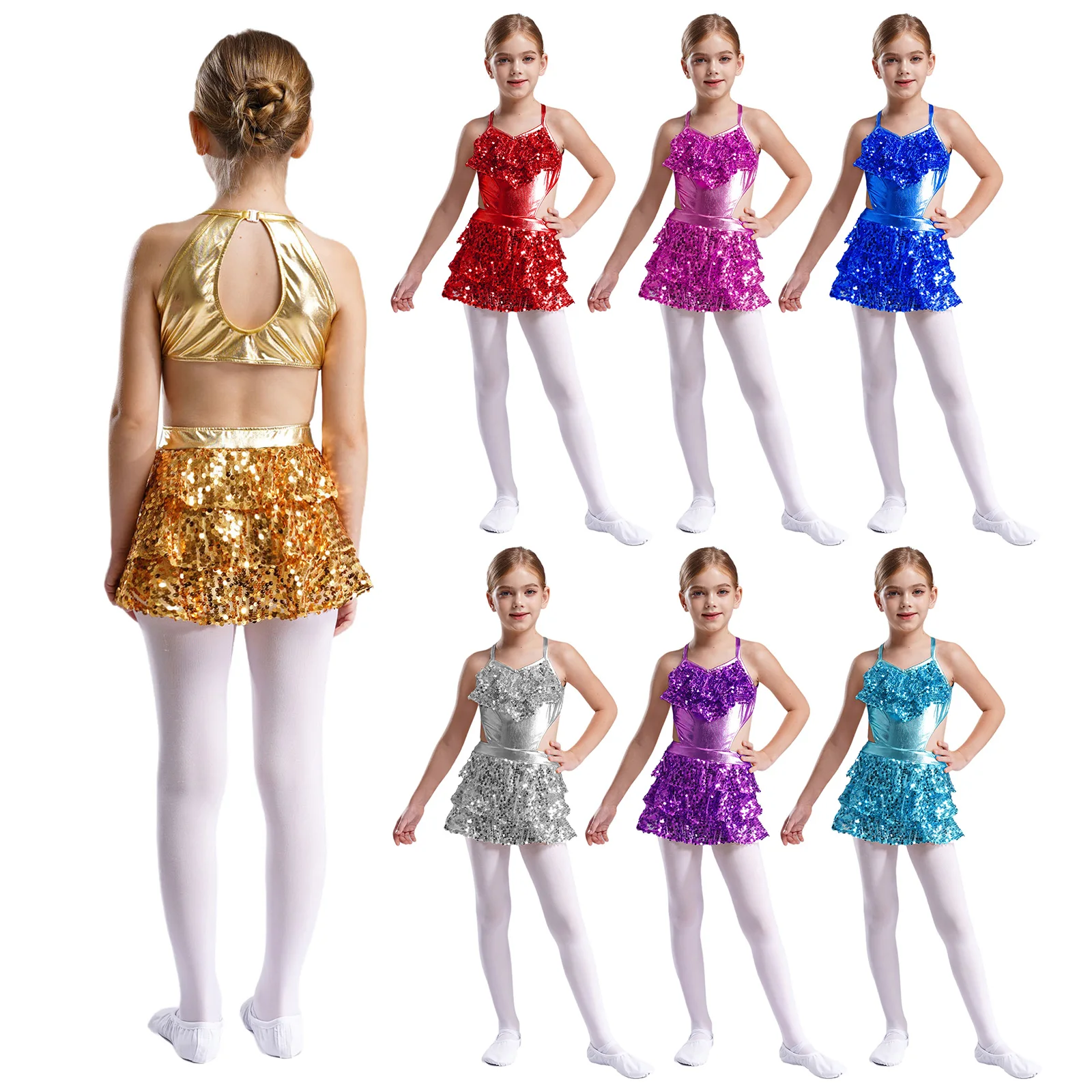 

Sparkling Tiered Sequin Dance Dress for Girls V-Neck Sleeveless with Cutout Design Built-in Shorts for Latin Jazz Dance Shows